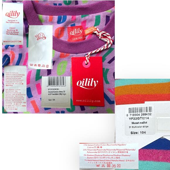 Oilily Organic Jersey Logo Dress, Metallic Striped Tights, Size 104 (4T) Purple - Picture 16 of 16